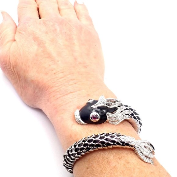 Authentic! Roberto Coin Nemo 18k White Gold Diamond Ruby Enamel Cuff Bracelet - Picture 8 of 12